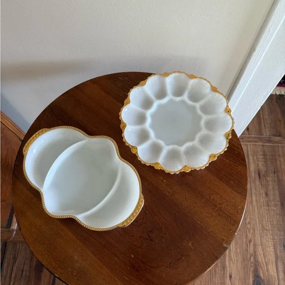Lot of 2 Anchor Hocking Fire King Milk Glass Deviled Egg Gold Trim + Relish Tray - Picture 2 of 9
